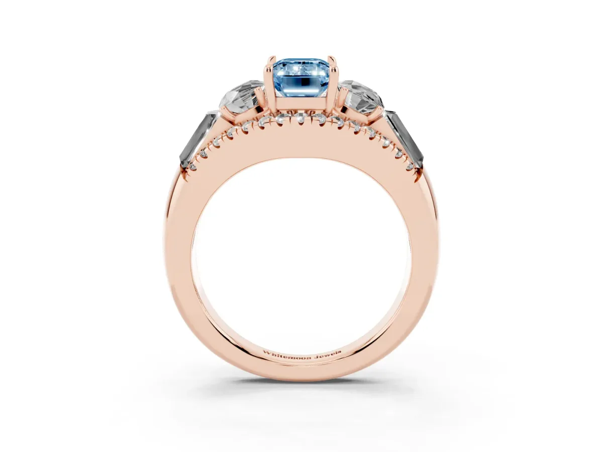 Fancy Blue Three-Stone Emerald Cut Diamond Engagement Ring with Pave Band and Prong Setting Rose gold