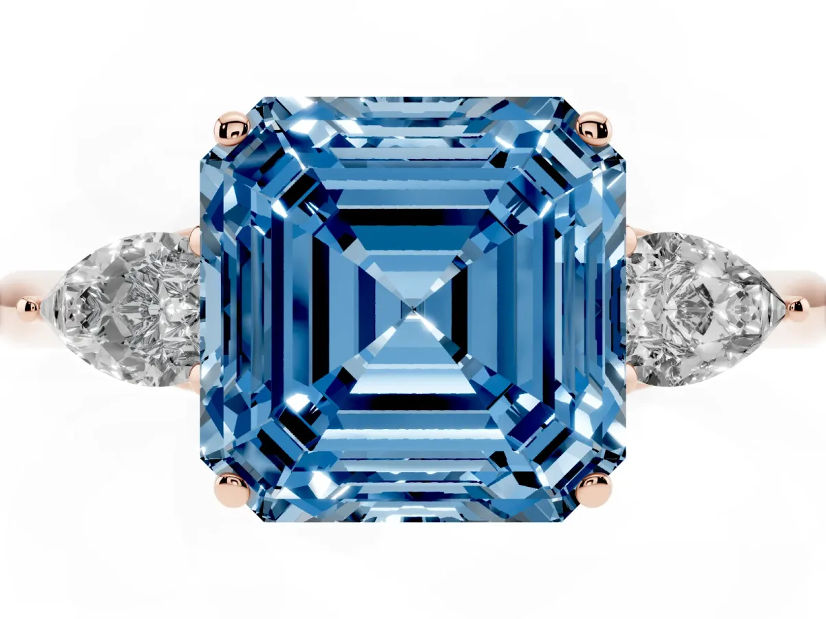 Fancy Blue Three-Stone Asscher Cut Brilliant Diamond Solitaire Ring with Tapered Band and Four-Prong Setting Rose gold