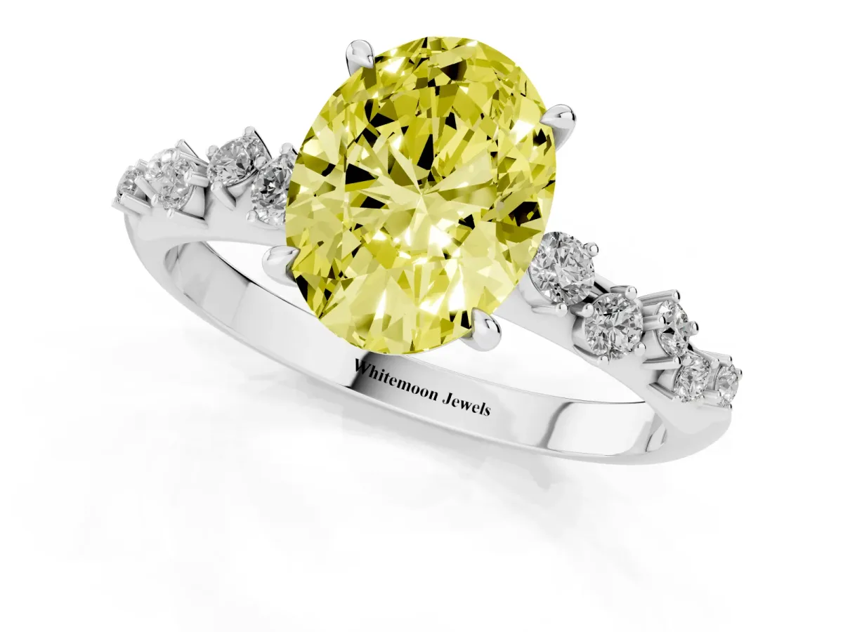Fancy Yellow Oval Cut Diamond Cluster Side Stone Solitaire Ring with Prong Setting Silver