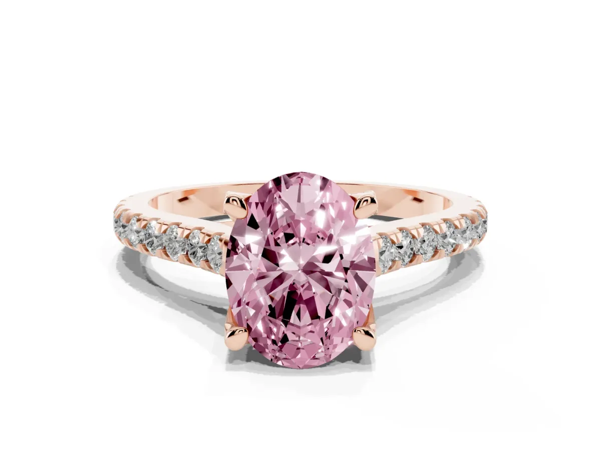 Fancy Pink Oval Cut Brilliant Diamond Solitaire with Pavé Band and Four-Prong Setting Rose gold