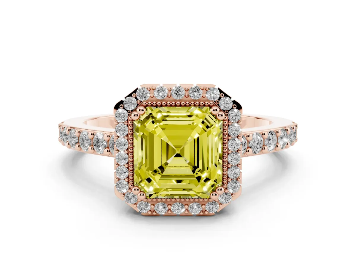 Fancy Yellow Asscher Cut Cut Diamond Halo Engagement Ring with Milgrain Detail and Pavé Band Rose gold