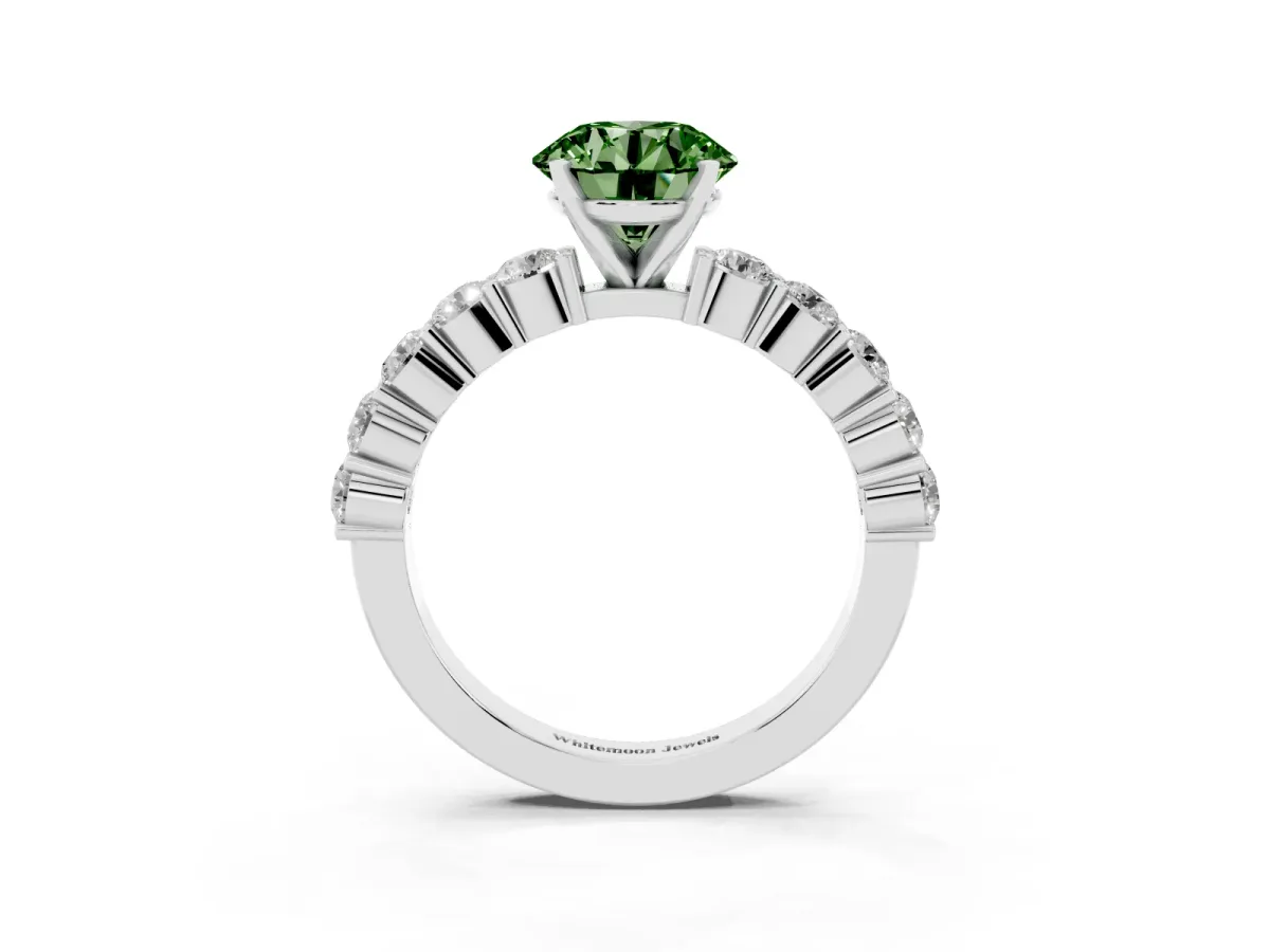 Fancy Green Round Cut Diamond Solitaire Ring with Shared Prong Round Side Stones Silver