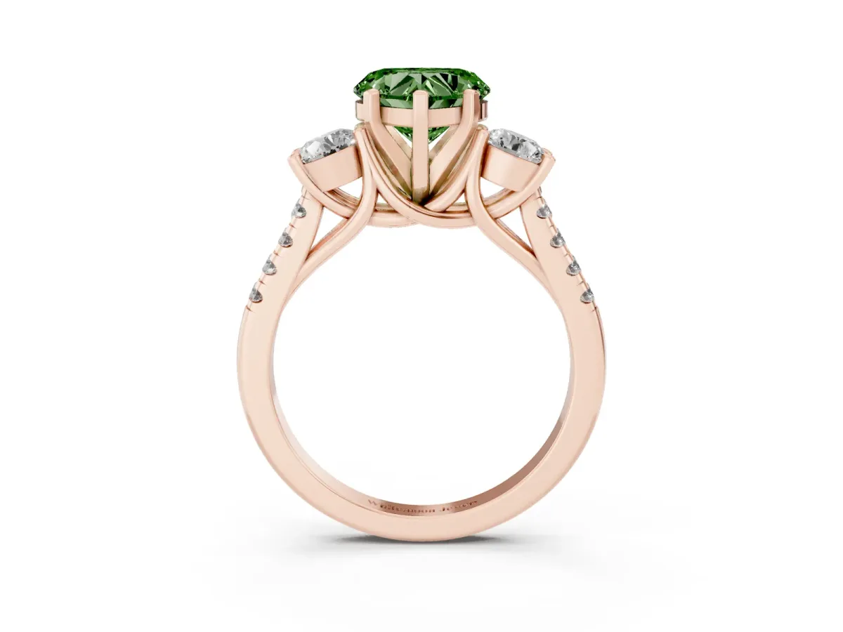 Fancy Green Three-Stone Heart Cut Diamond Pavé Band with Four-Prong Setting Rose gold
