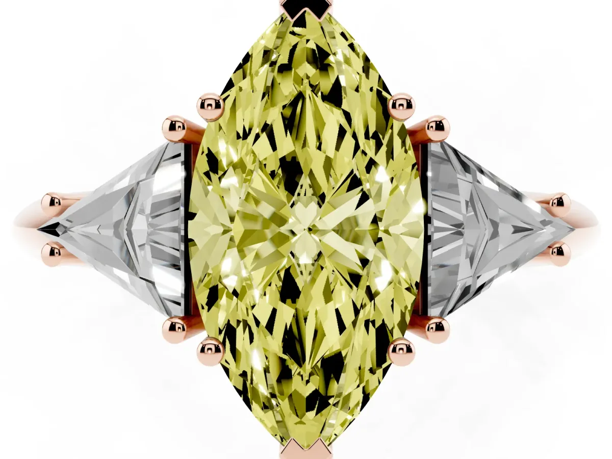 Fancy Yellow Three-Stone Marquise Cut Diamond Engagement Ring with Trillion Side Stones and Prong Setting Rose gold
