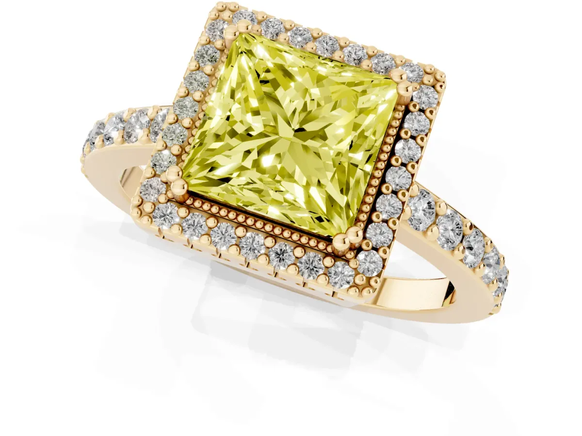 Fancy Yellow Princess Cut Cut Diamond Halo Engagement Ring with Milgrain Detail and Pavé Band Yellow gold