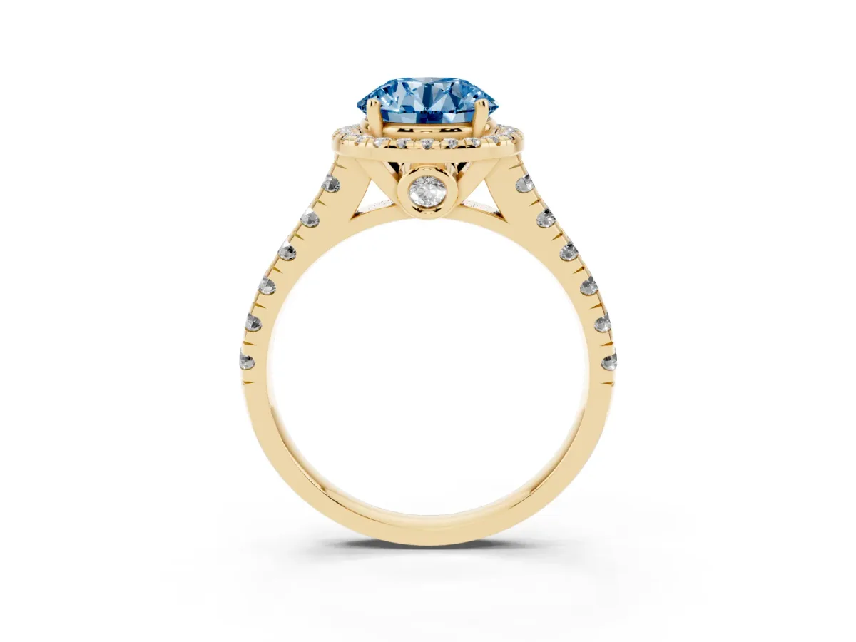Fancy Blue Round Cut Halo Pavé Diamond Engagement Ring with Four-Prong Setting Yellow gold