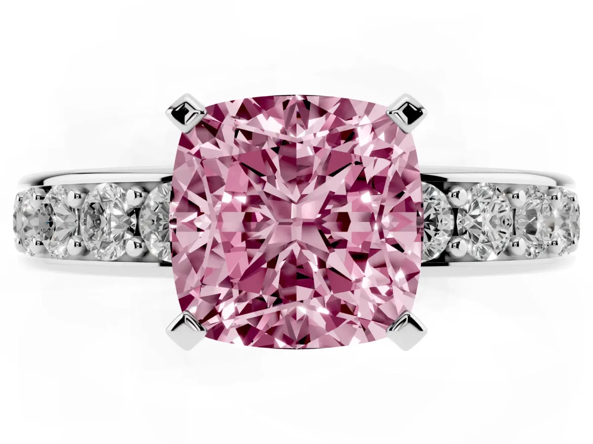Fancy Pink Cushion Cut Diamond Engagement Ring with Channel Set Round Band and Prong Setting White gold