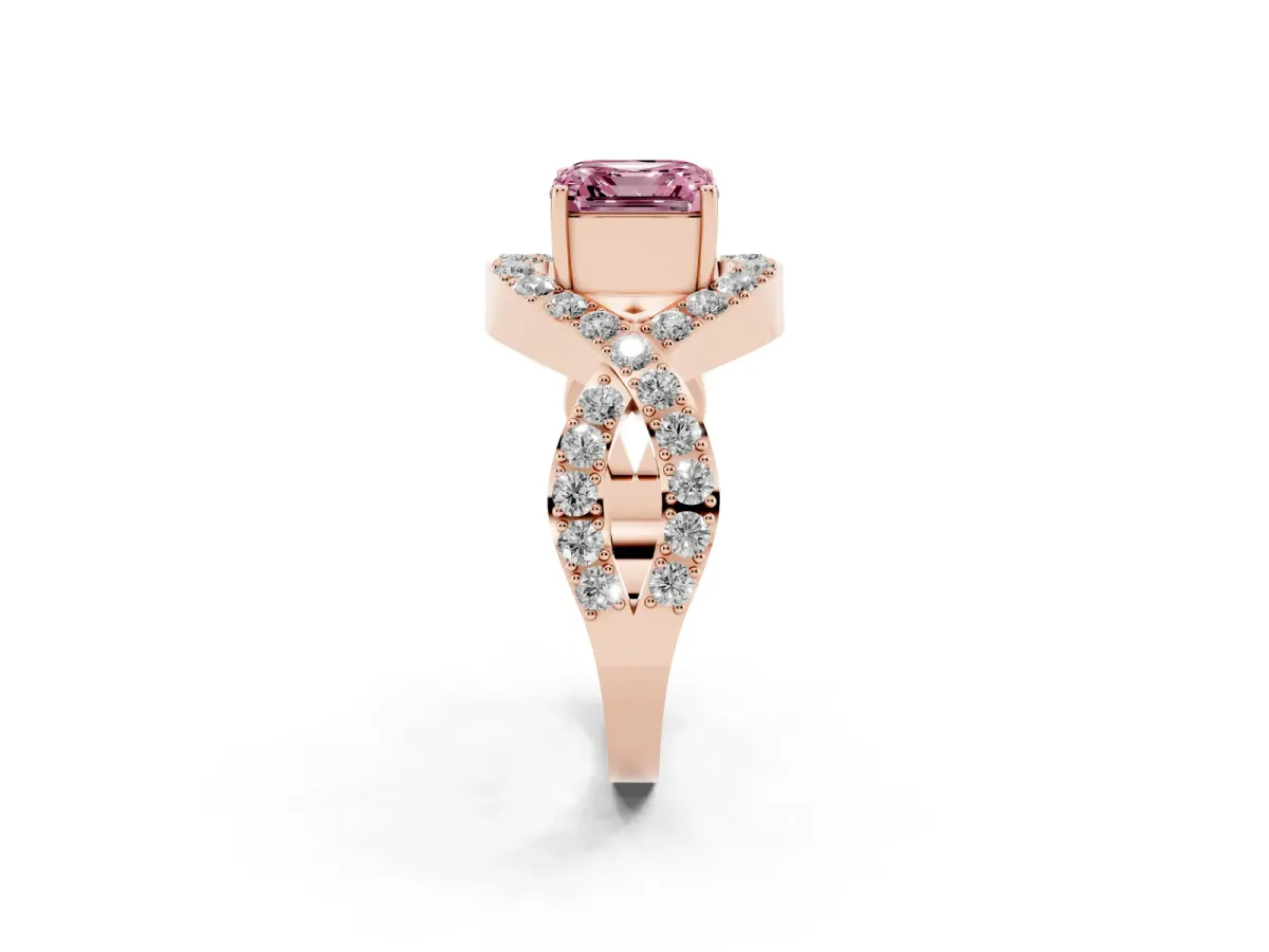 Fancy Pink Asscher Cut Solitaire Twist Band Pavé Diamond Engagement Ring Rose gold