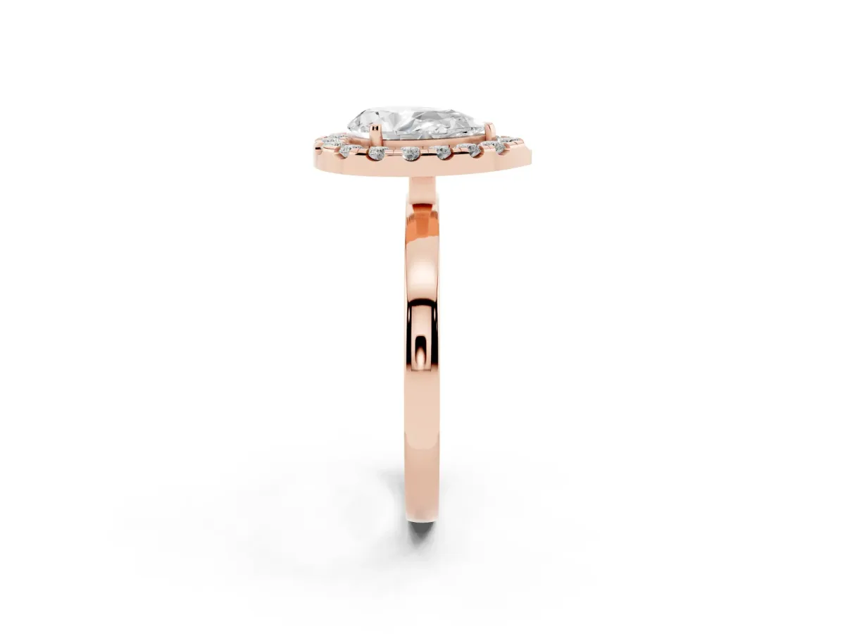 Pear Cut Halo Diamond Solitaire with Pavé Band and Four-Prong Setting Rose gold