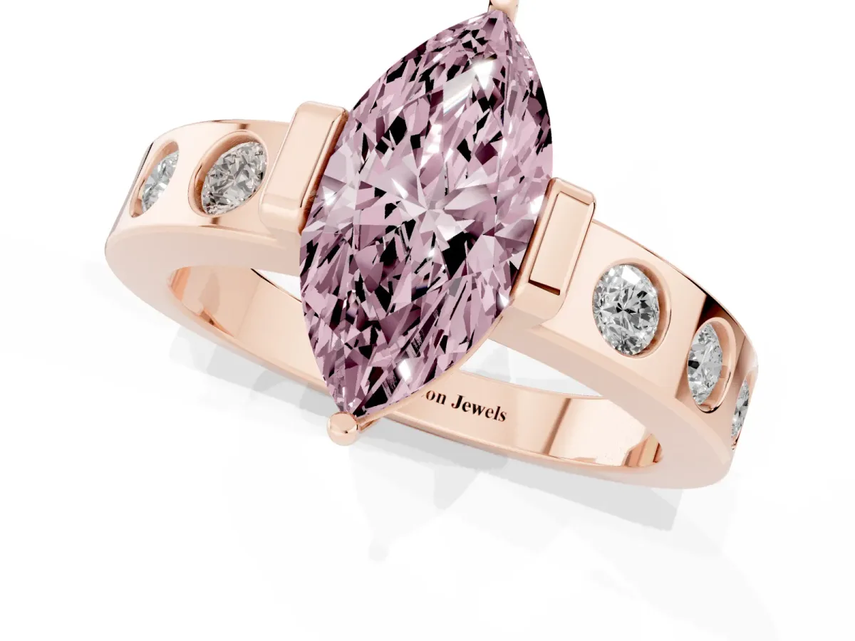 Fancy Pink Marquise Cut Brilliant Channel-Set Diamond Ring with Bezel Prong Setting Rose gold