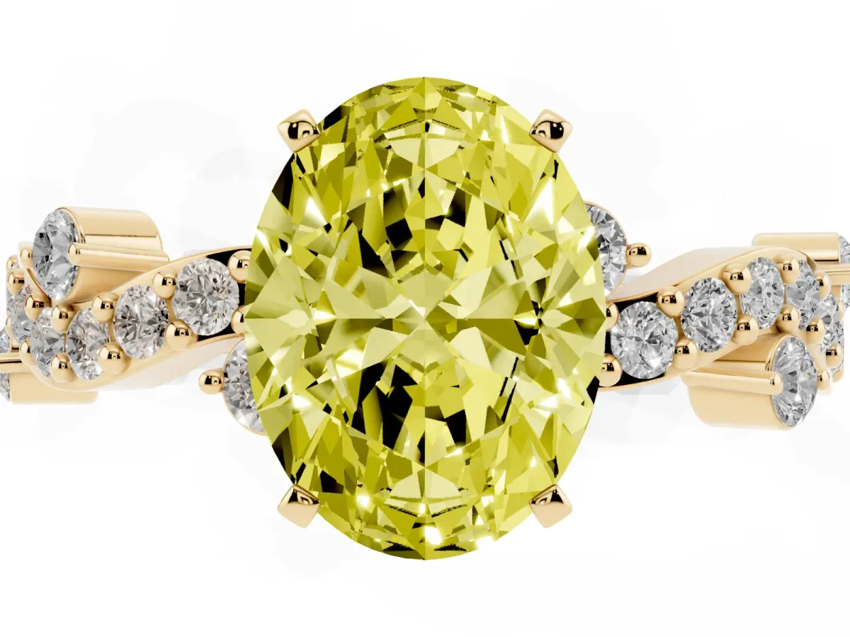 Fancy Yellow Oval Cut Cut Solitaire Diamond Twisted Band with Pave Setting Yellow gold