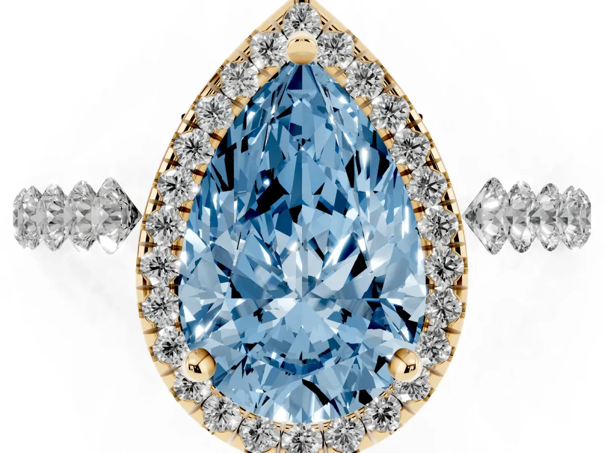 Fancy Blue Pear Cut Halo Pavé Diamond Engagement Ring with Four-Prong Setting Yellow gold