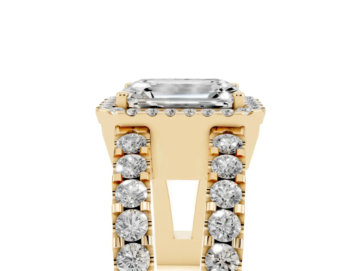 Emerald Cut Cut Halo Split Shank Diamond Ring with Four-Prong Setting Yellow gold