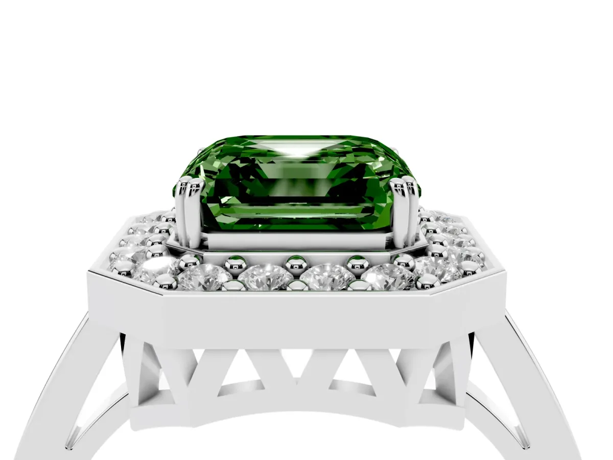 Fancy Green Asscher Cut Diamond Halo Ring with Split Shank and Four-Prong Setting Silver