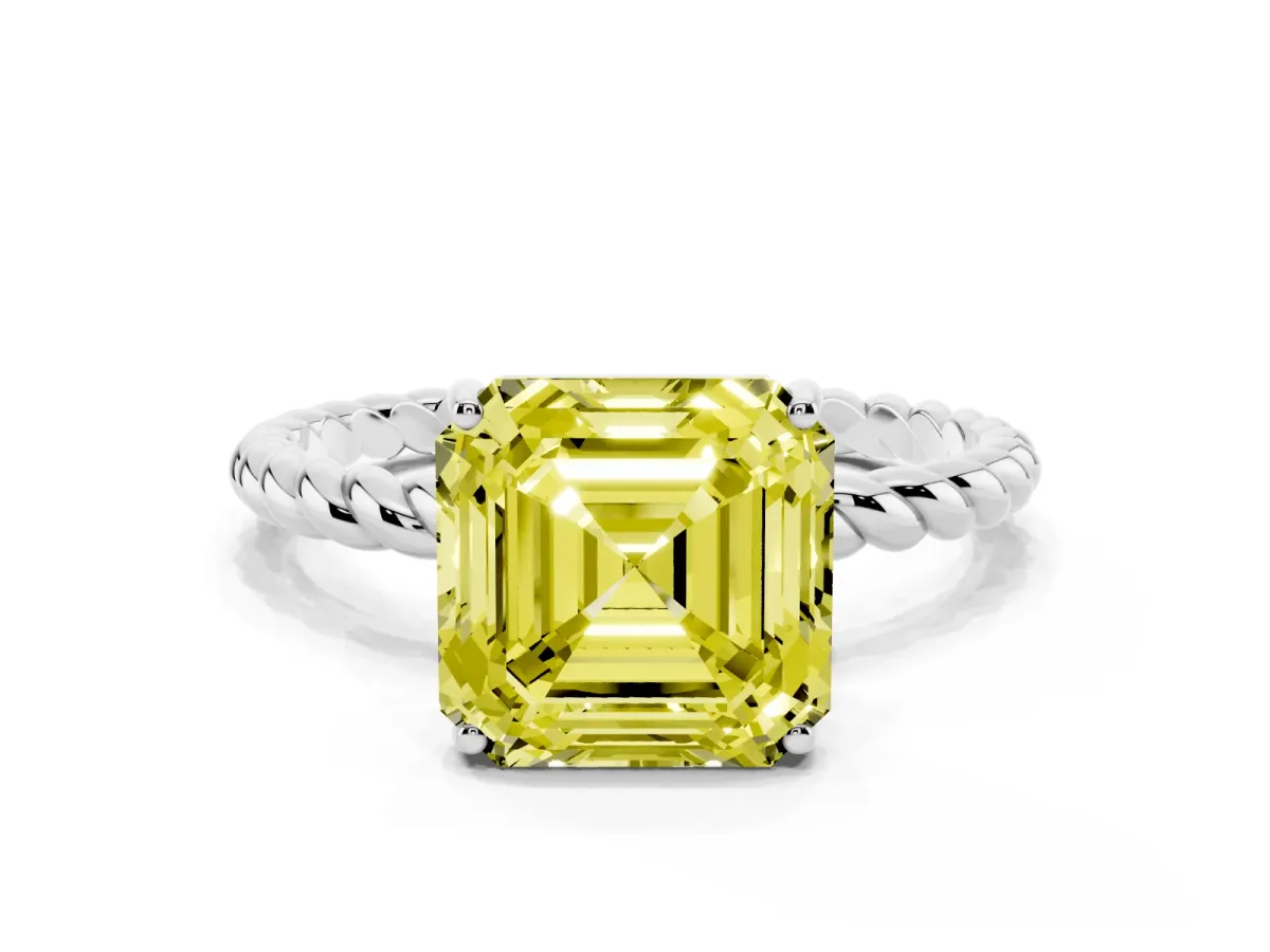 Fancy Yellow Asscher Cut Solitaire Twist Band Ring with Four-Prong Setting White gold