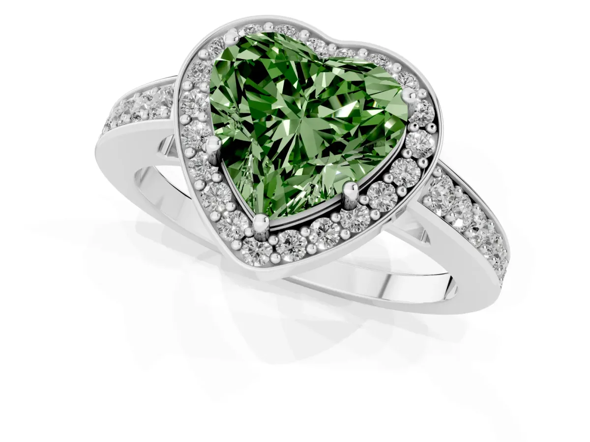 Fancy Green Heart Cut Halo Pavé Diamond Engagement Ring with Bezel Setting Silver