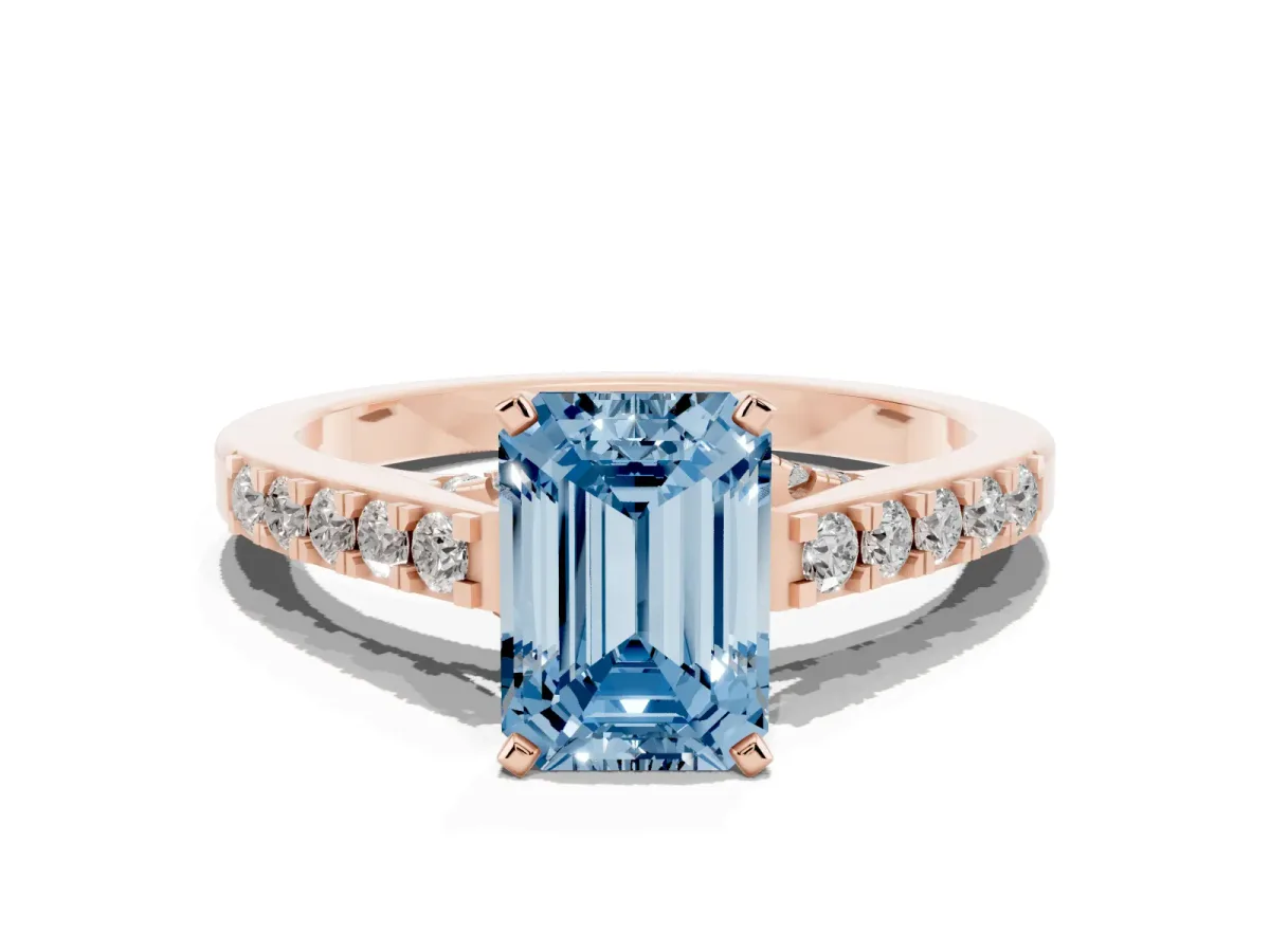 Fancy Blue Emerald Cut Diamond Solitaire Ring with Crossover Gallery and Round Pavé Band Rose gold