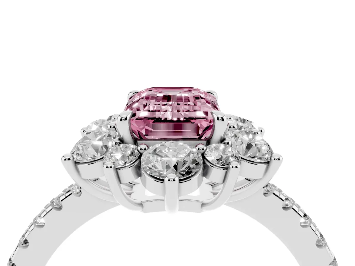 Fancy Pink Emerald Cut Diamond Floral Halo Ring with Round Pavé Band and Prong Setting Platinum