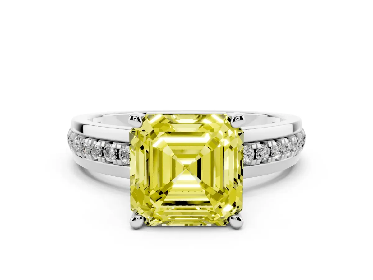 Fancy Yellow Asscher Cut Solitaire Diamond Ring with Channel Set Band and Six-Prong Setting White gold