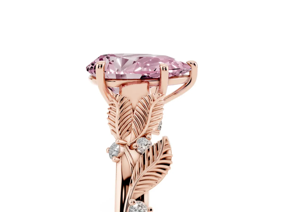 Fancy Pink Pear Cut Diamond Solitaire Ring with Leaf Motif Band and Four-Prong Setting Rose gold