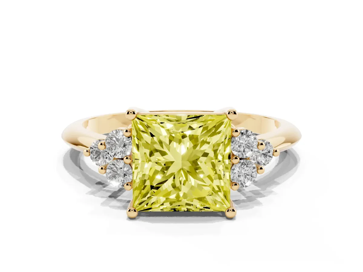 Fancy Yellow Princess Cut Cut Diamond Cluster Ring with Solitaire Band and Four-Prong Setting Yellow gold