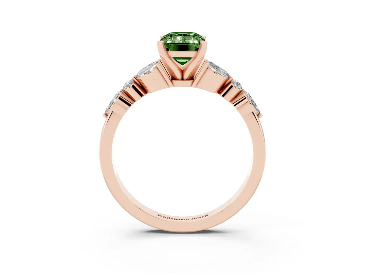 Fancy Green Emerald Cut Diamond Solitaire Ring with Side Stones and Four-Prong Setting Rose gold
