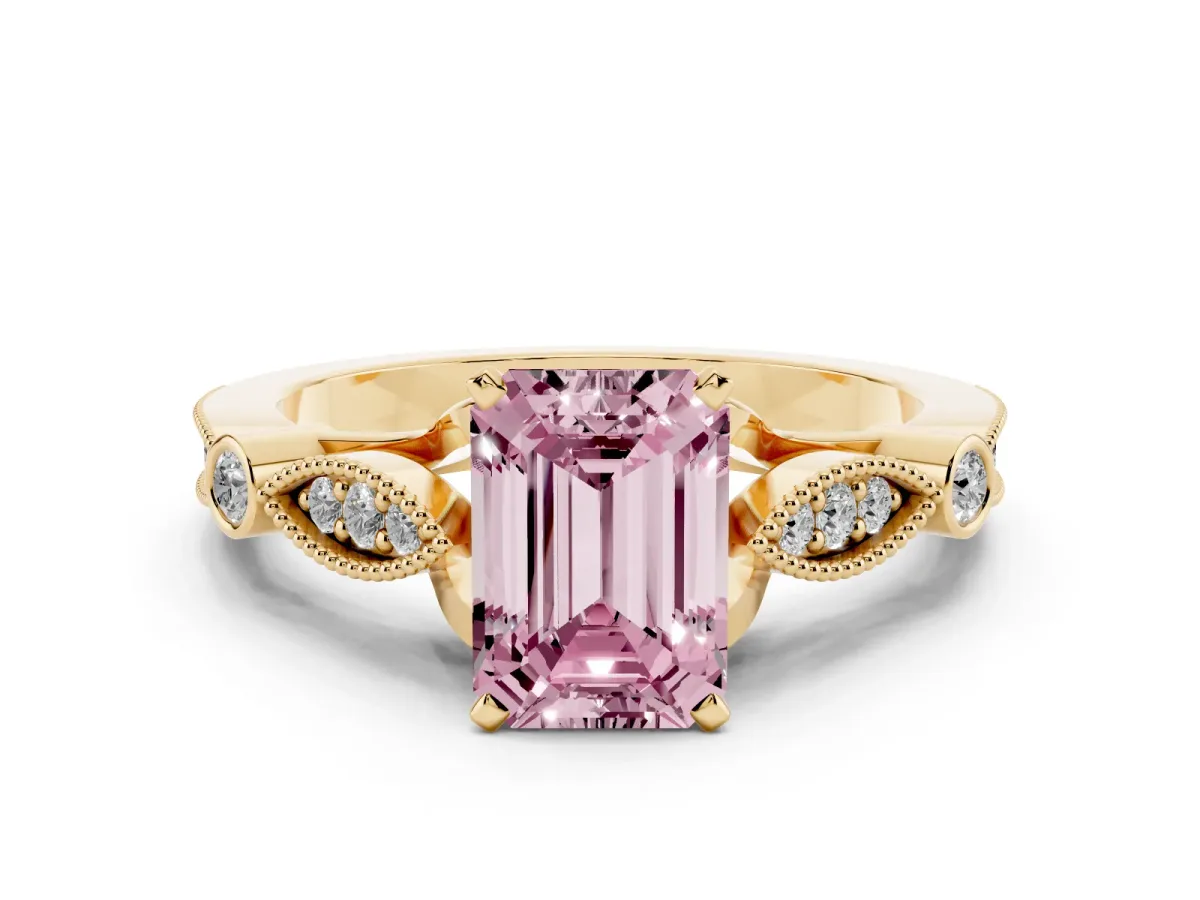 Fancy Pink Emerald Cut Cut Diamond with Milgrain Marquise and Bezel Accents on a Solitaire Band with Prong Setting Yellow gold
