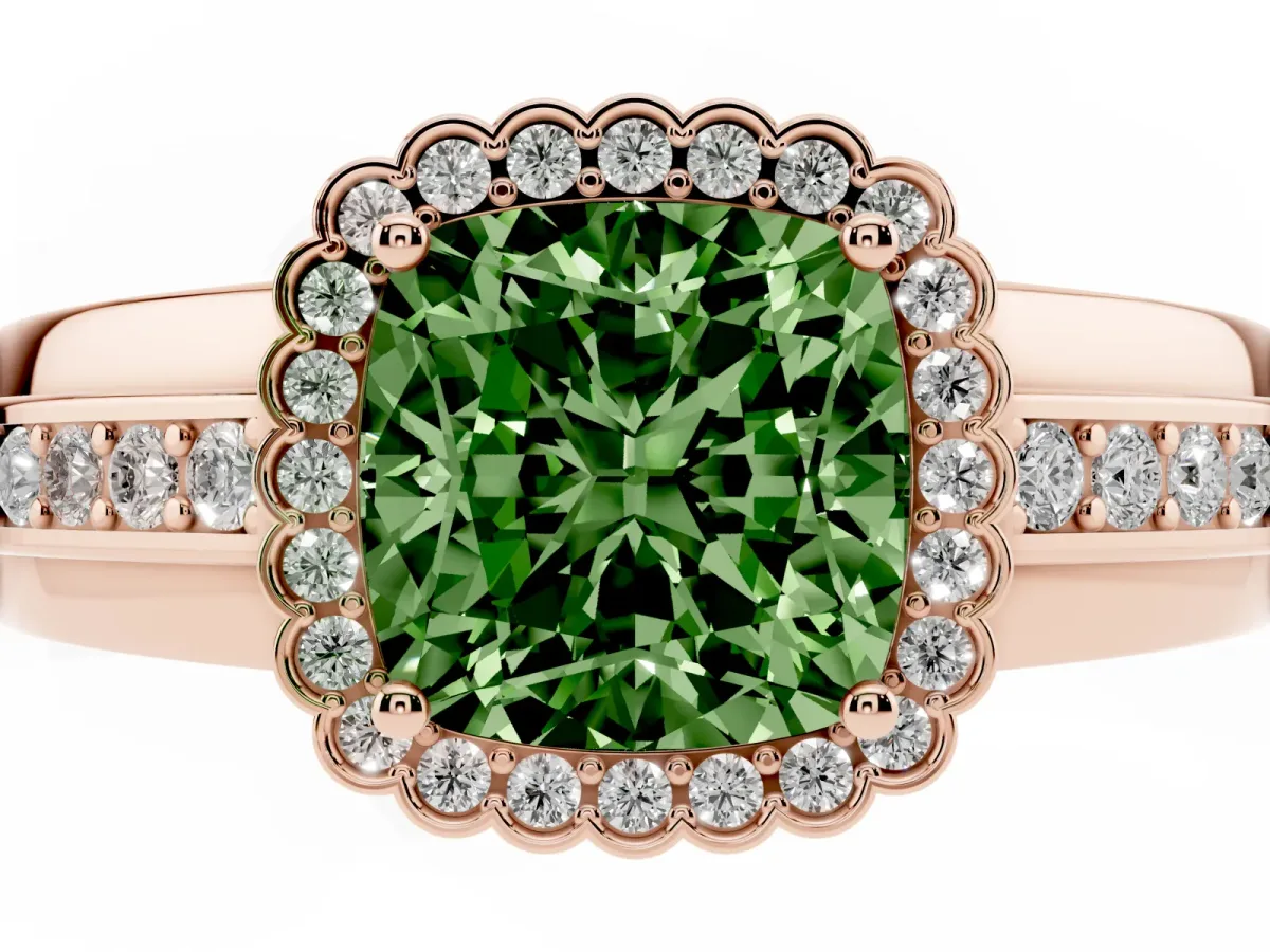 Fancy Green Cushion Cut Cut Halo Pave Band Four-Prong Ring Rose gold