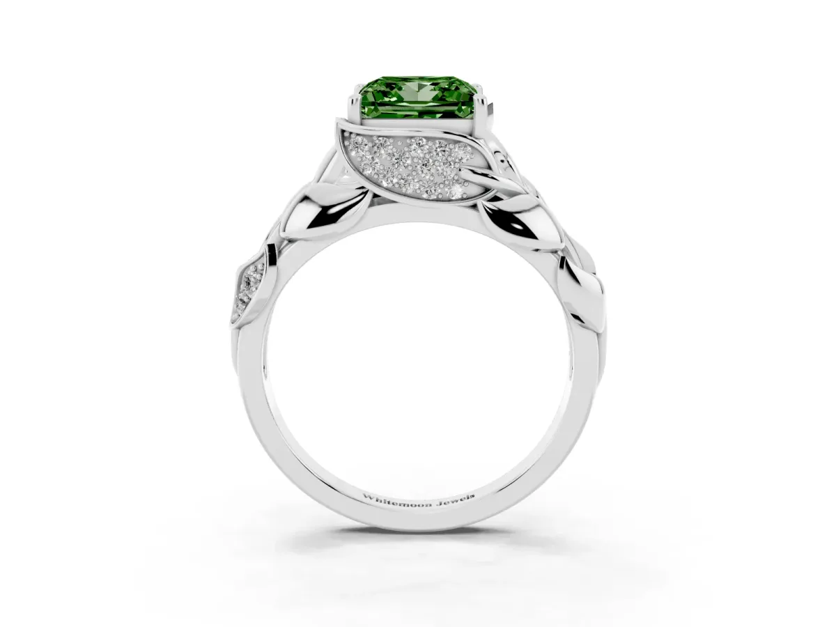 Fancy Green Princess Cut Diamond Leaf-Inspired Engagement Ring with Round Accents and Prong Setting White gold