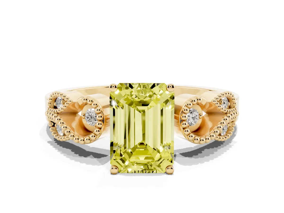 Fancy Yellow Emerald Cut Solitaire Milgrain Leaf Band with Prong Setting Yellow gold