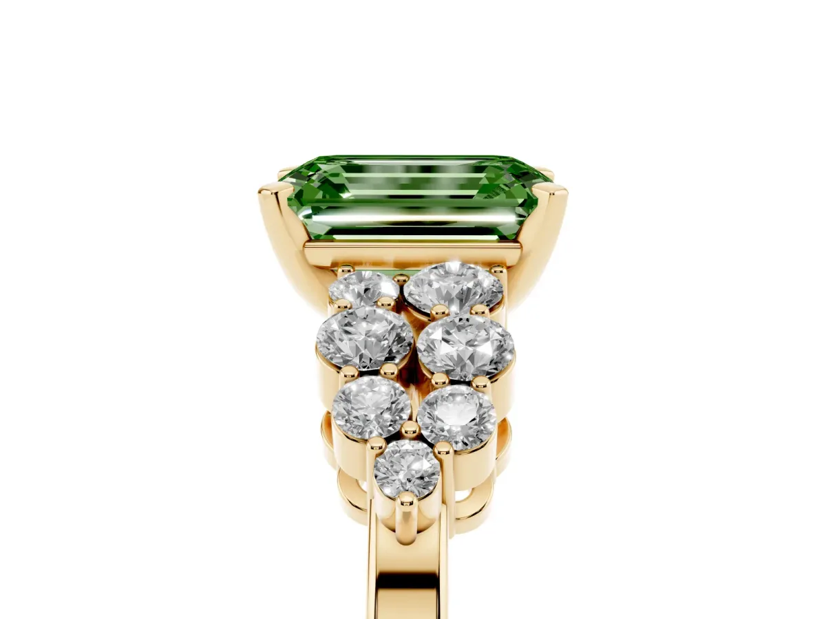 Fancy Green Emerald Cut Cluster Diamond Engagement Ring with Pavé Band and Four-Prong Setting Yellow gold