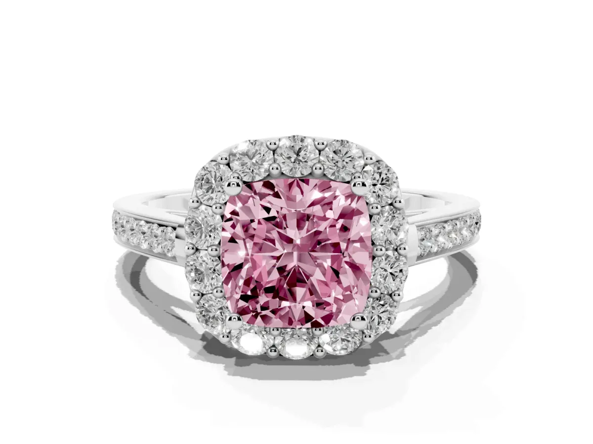 Fancy Pink Cushion Cut Diamond Floral Halo Ring with Pavé Band and Prong Setting White gold