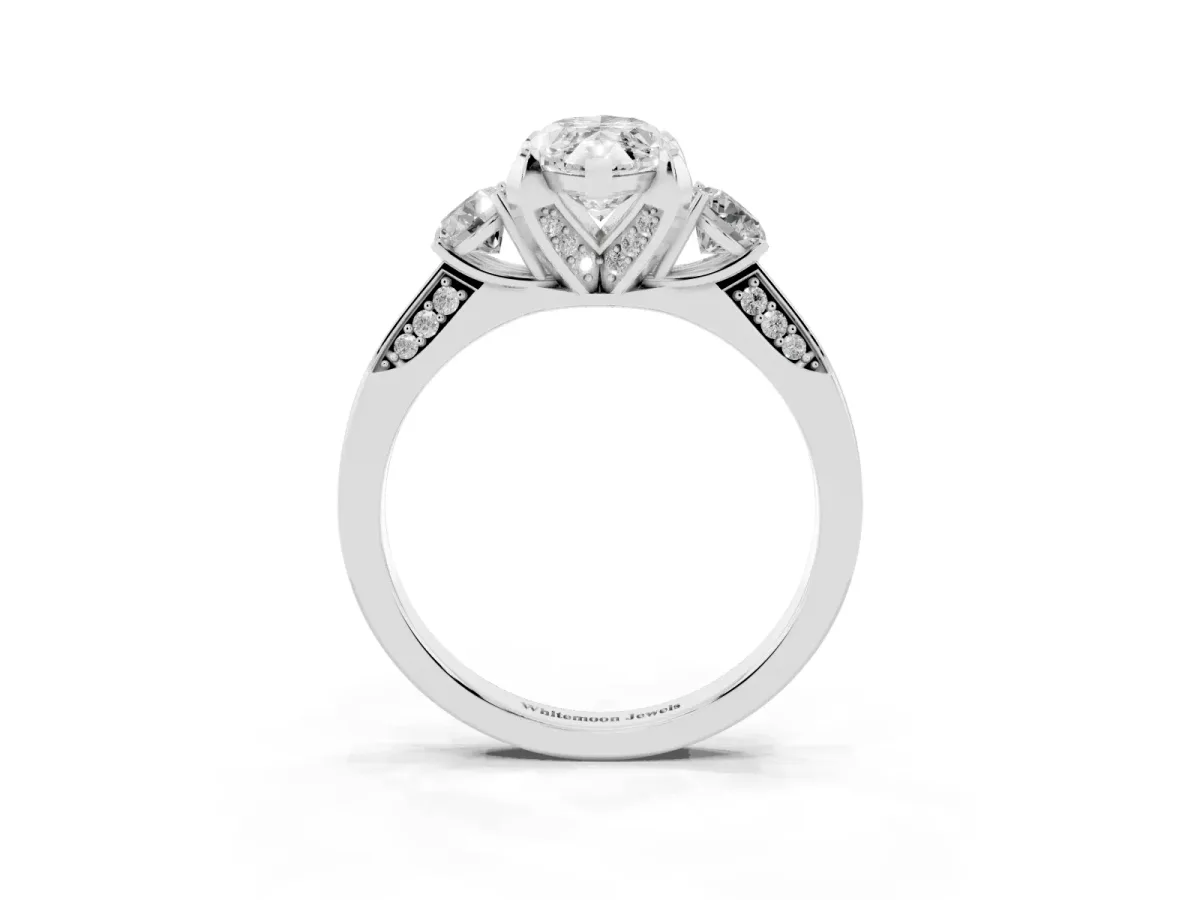 Marquise Cut Brilliant Three-Stone Diamond Ring with Pavé Band and Four-Prong Setting Silver