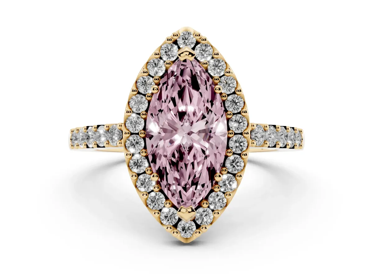 Fancy Pink Marquise Cut Halo Diamond Pavé Solitaire Ring Yellow gold