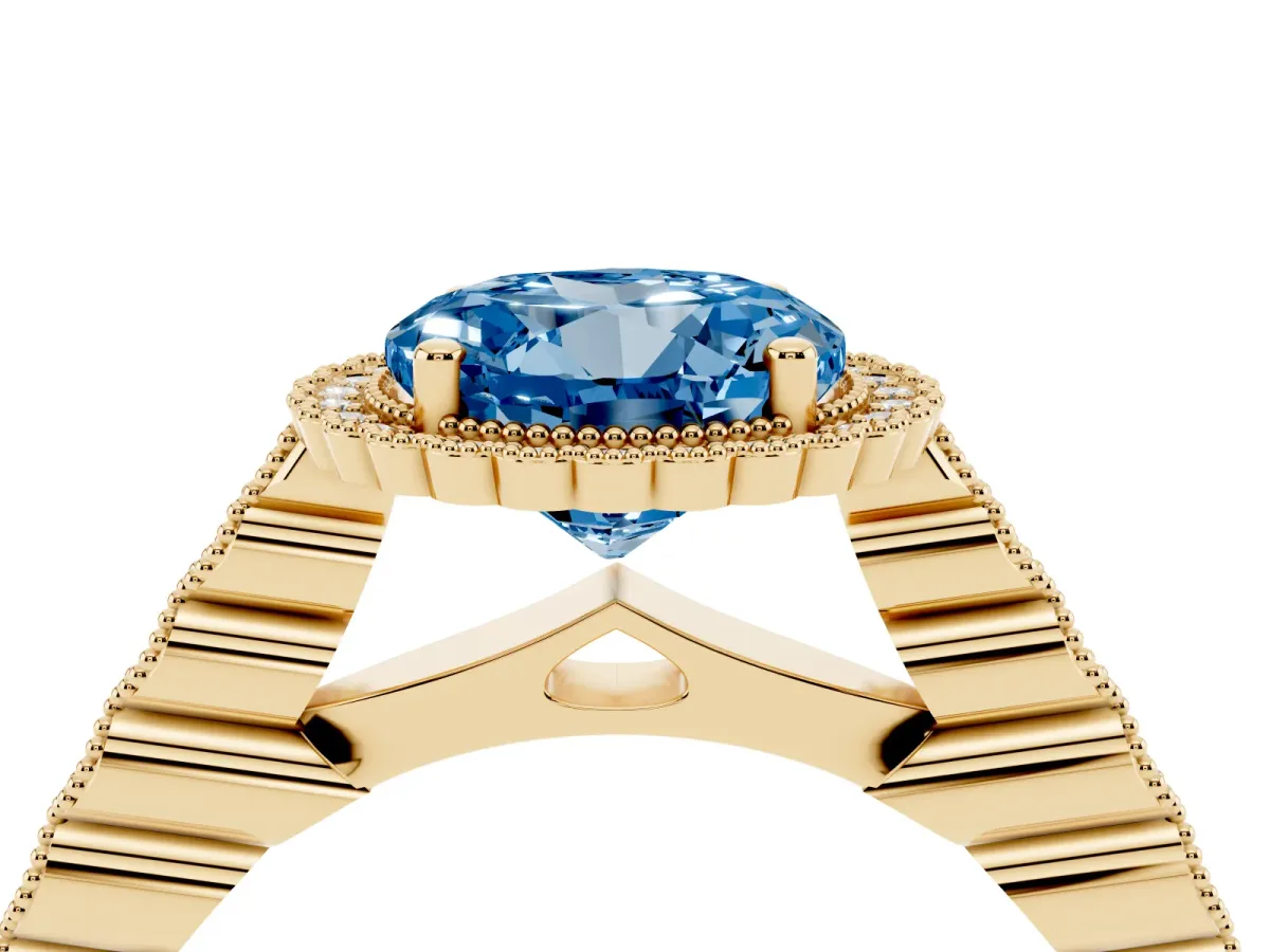 Fancy Blue Round Cut Cut Halo Pavé Solitaire Ring with Milgrain Band Yellow gold