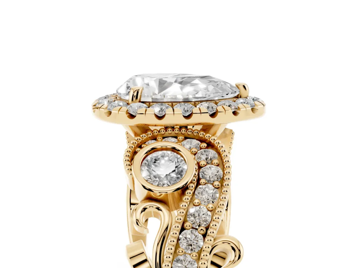Pear Cut Diamond Halo Ring with Milgrain Pavé Band and Four-Prong Setting Yellow gold