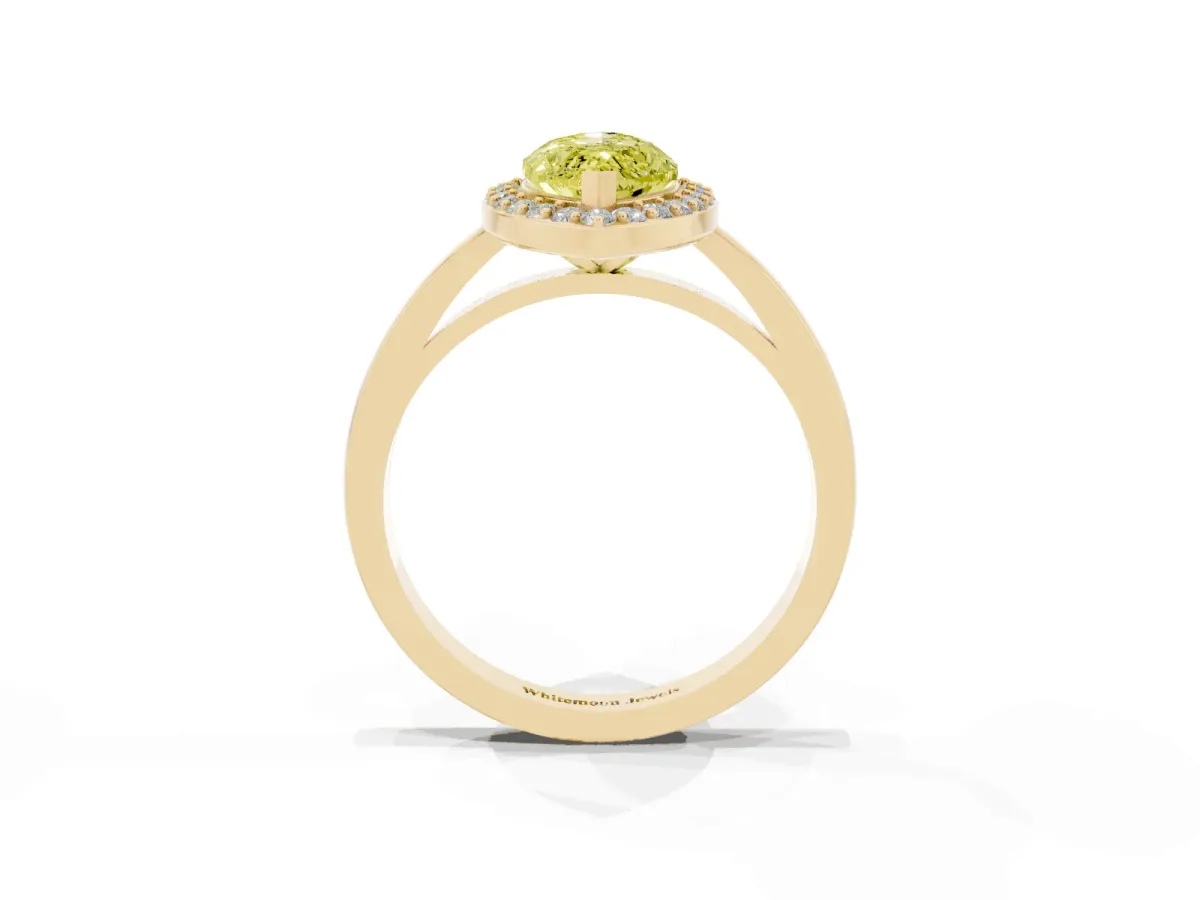 Fancy Yellow Marquise Cut Halo Diamond Ring with Solitaire Band and Prong Setting Yellow gold