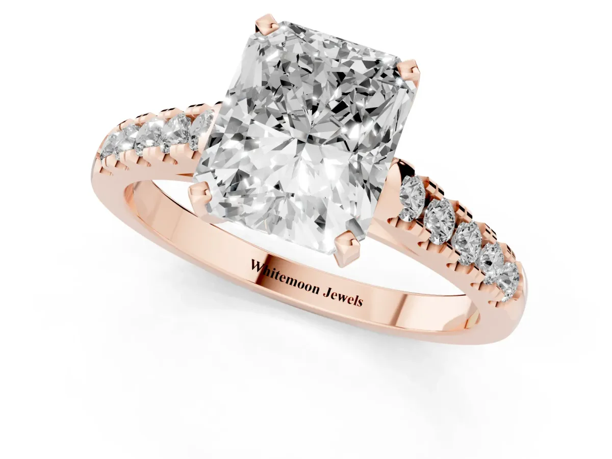 Radiant Cut Diamond Pavé Band Solitaire Ring with Prong Setting Rose gold