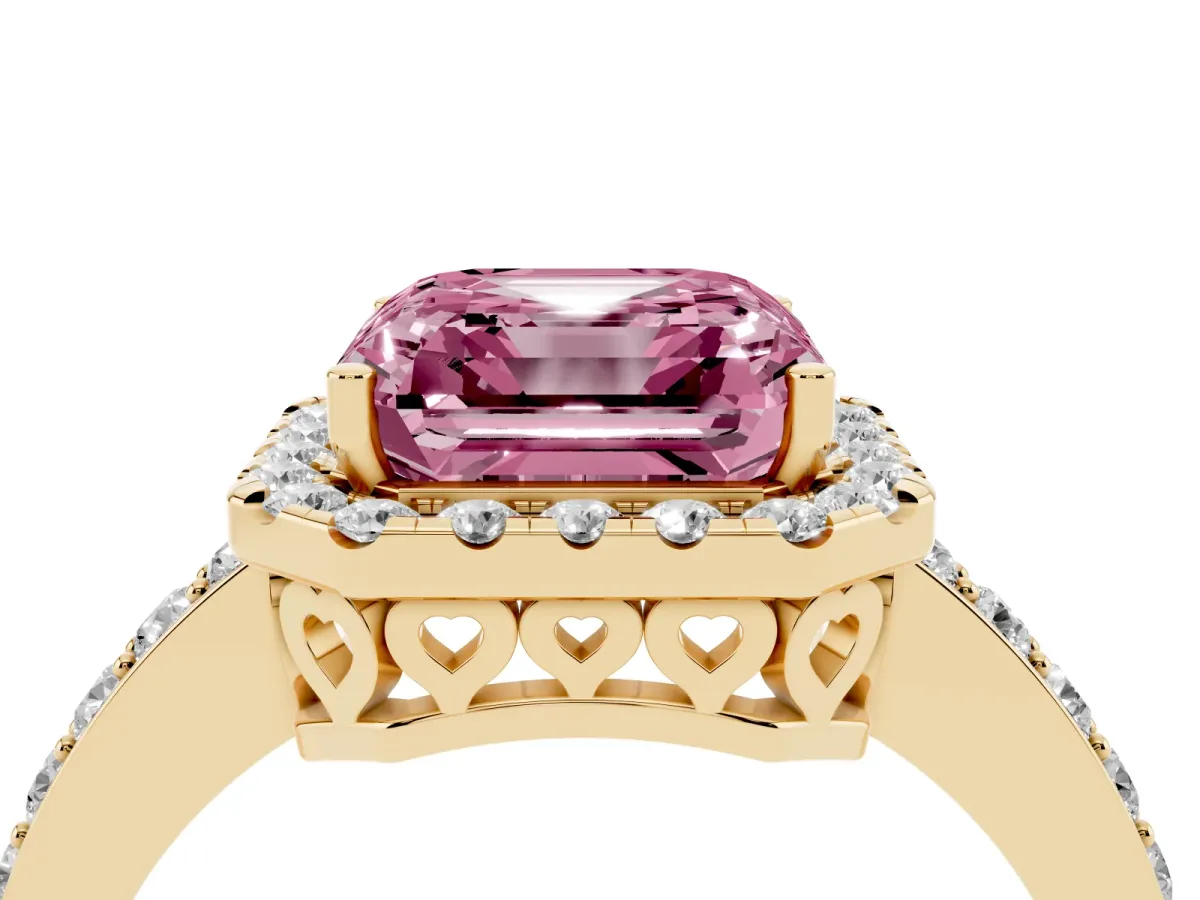 Fancy Pink Asscher Cut Halo Diamond Pavé Band Ring with Prong Setting Yellow gold