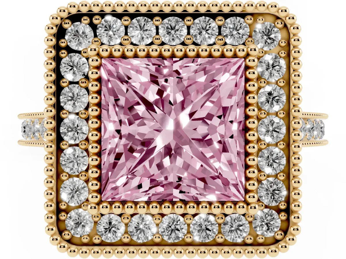 Fancy Pink Princess Cut Diamond Halo Ring with Milgrain Frame and Pavé Band Yellow gold