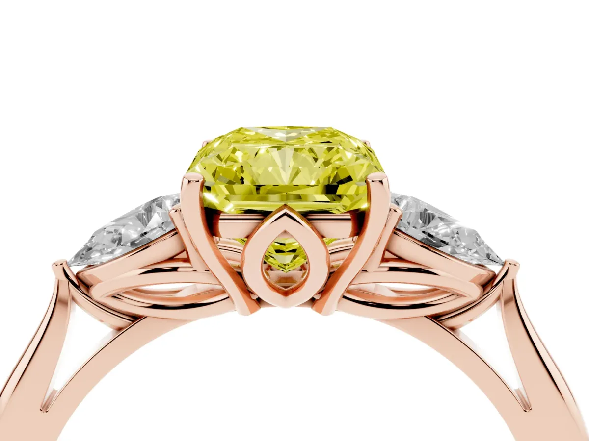 Fancy Yellow Three-Stone Radiant Cut Diamond Ring with Pear Side Stones in Four-Prong Setting Rose gold