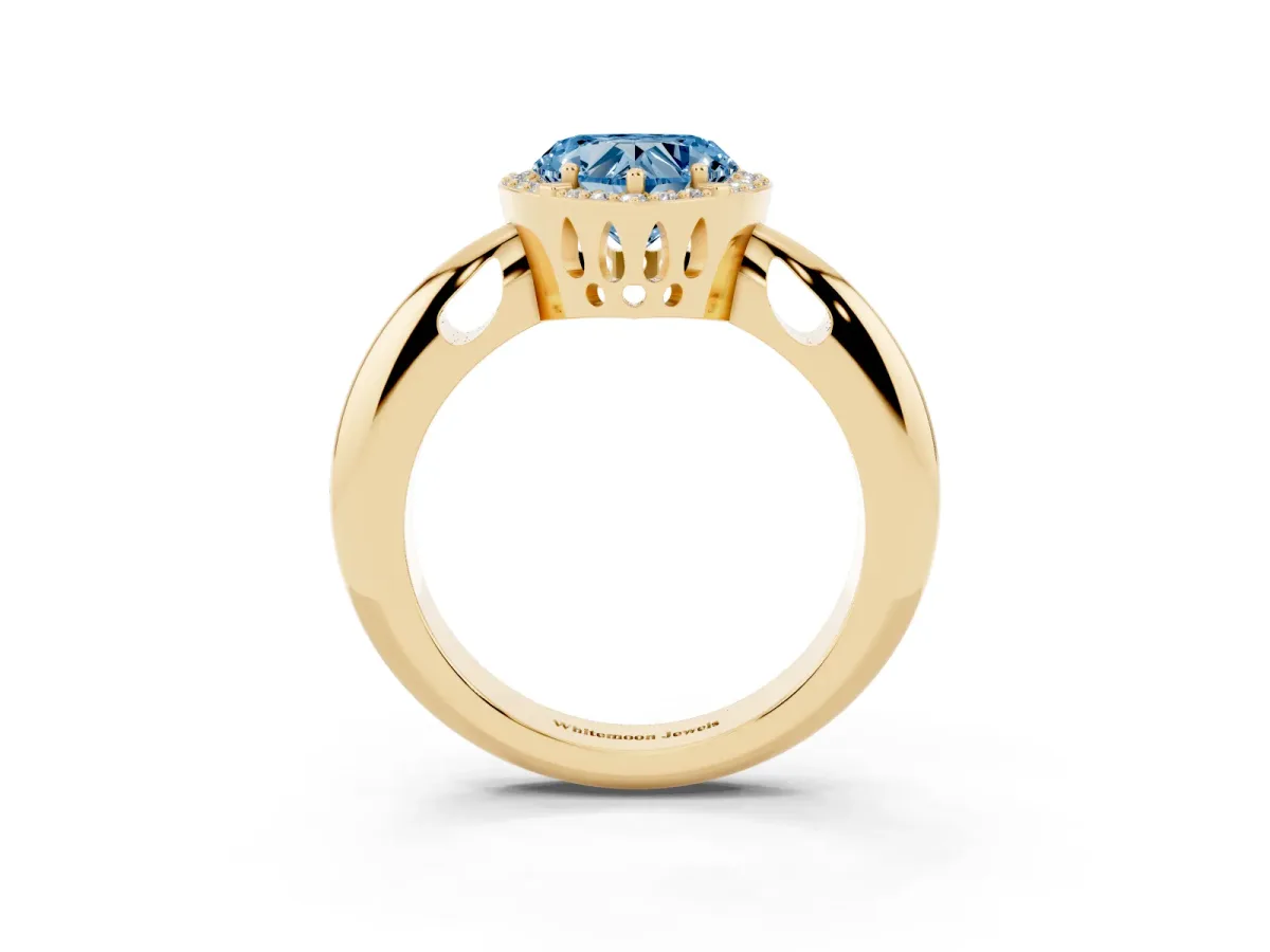 Fancy Blue Heart Cut Cut Diamond Halo Engagement Ring with Split Shank and Four-Prong Setting Yellow gold