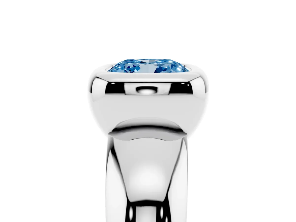 Fancy Blue Bezel Set Cushion Cut Solitaire Ring with Wide Band Silver