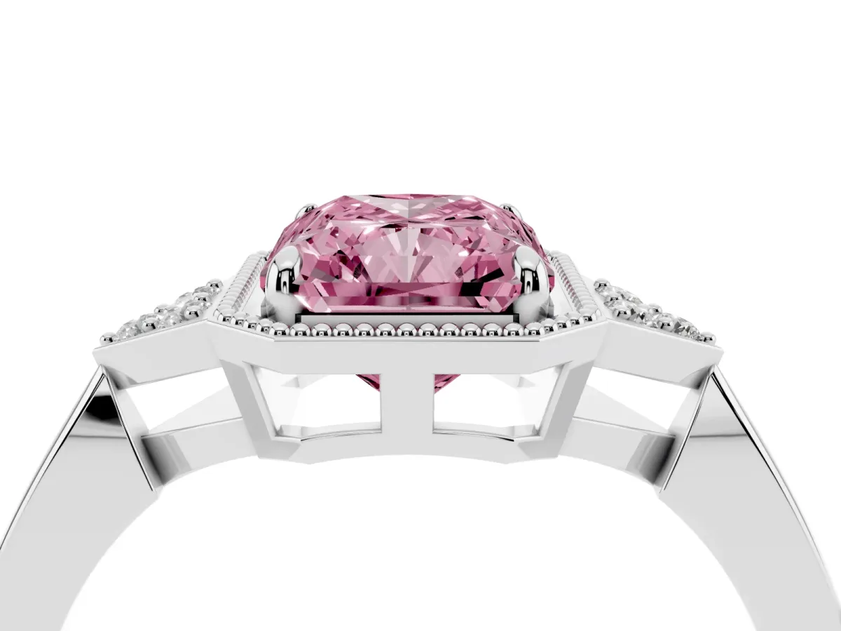Fancy Pink Radiant Cut Diamond Halo Ring with Tapered Band and Four-Prong Setting White gold