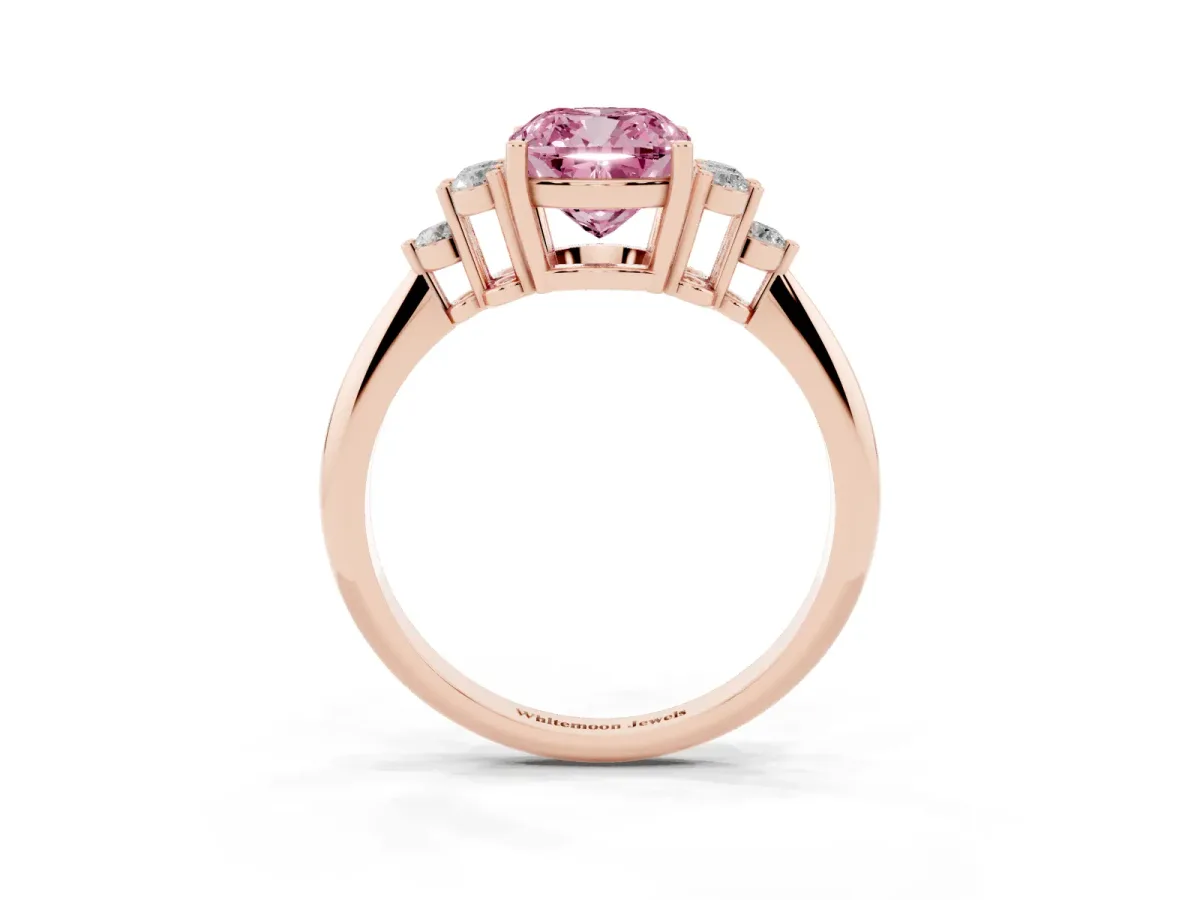 Fancy Pink Cushion Cut Cut Diamond Cluster Ring with Solitaire Band and Four-Prong Setting Rose gold