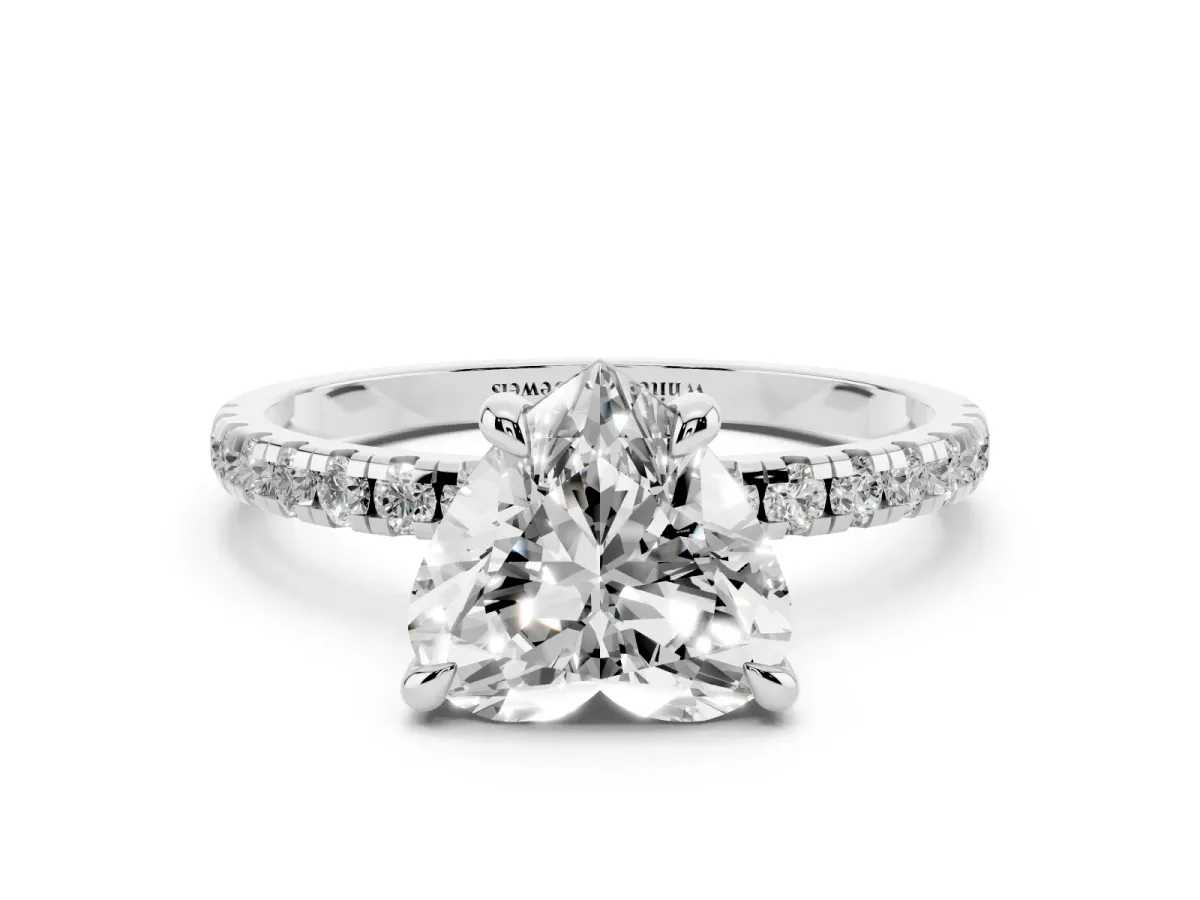 Heart Cut Diamond Brilliant Solitaire Ring with Pavé Band and Four-Prong Setting Silver