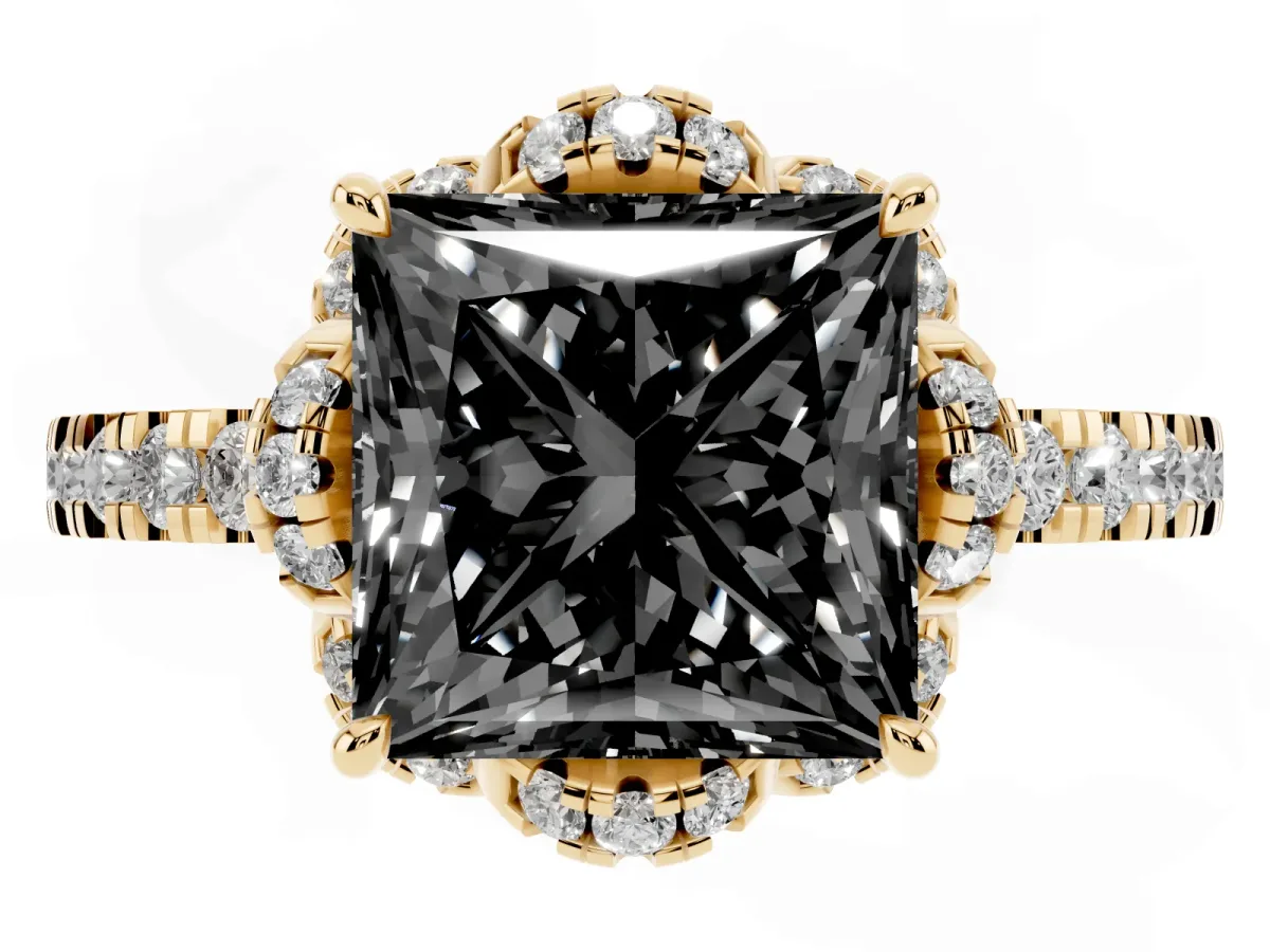 Fancy Black Princess Cut Diamond Halo Pave Band with Four-Prong Setting Yellow gold