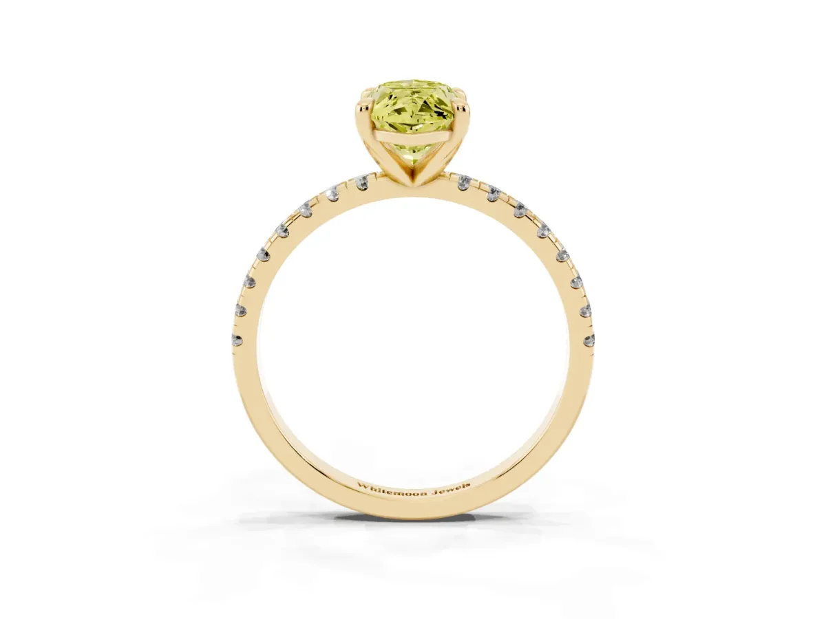 Fancy Yellow Marquise Cut Diamond Brilliant Solitaire Ring with Pavé Band and Four-Prong Setting Yellow gold
