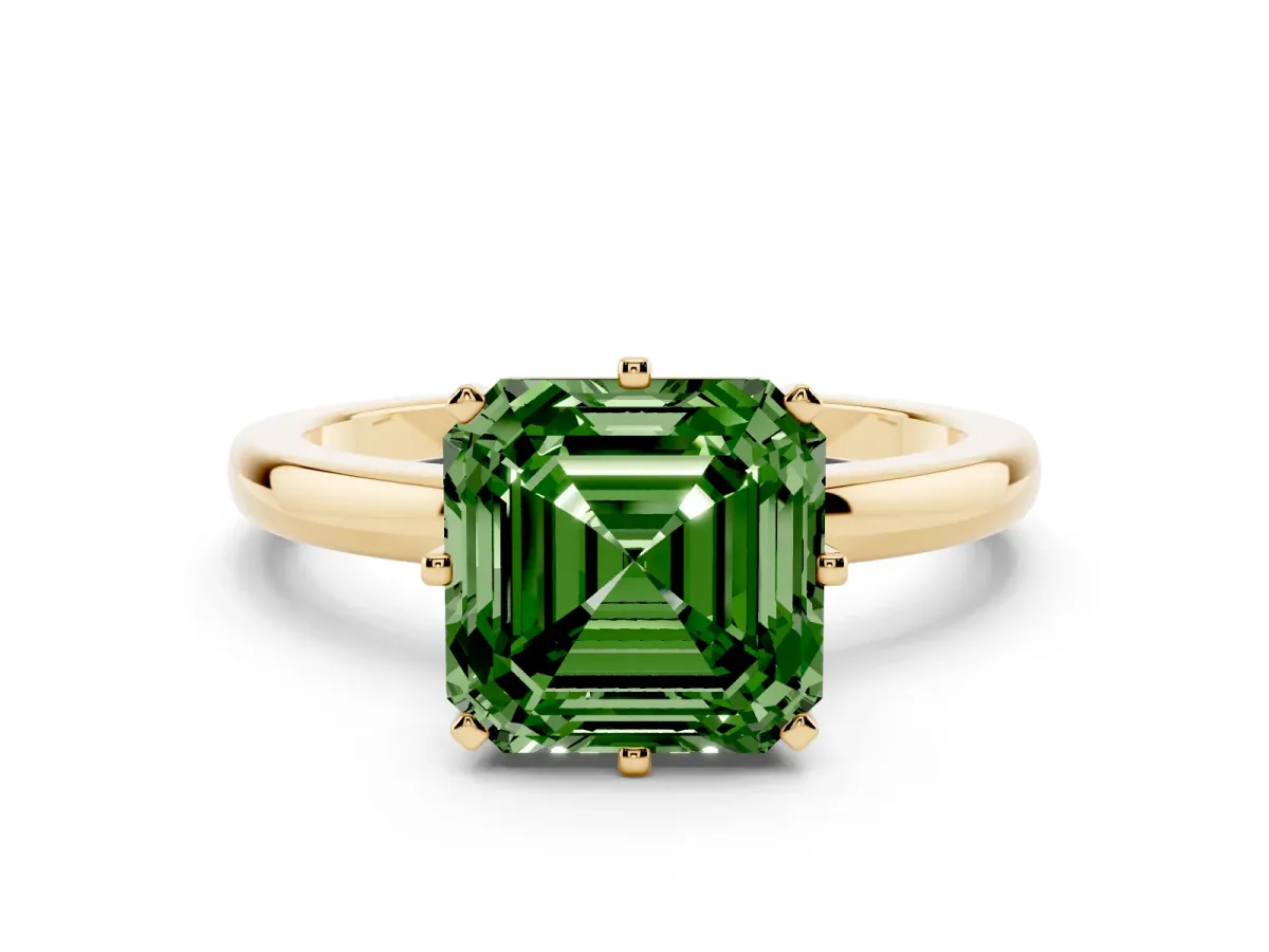 Fancy Green Asscher Cut Solitaire Diamond Ring with Six-Prong Setting on a Classic Band Yellow gold