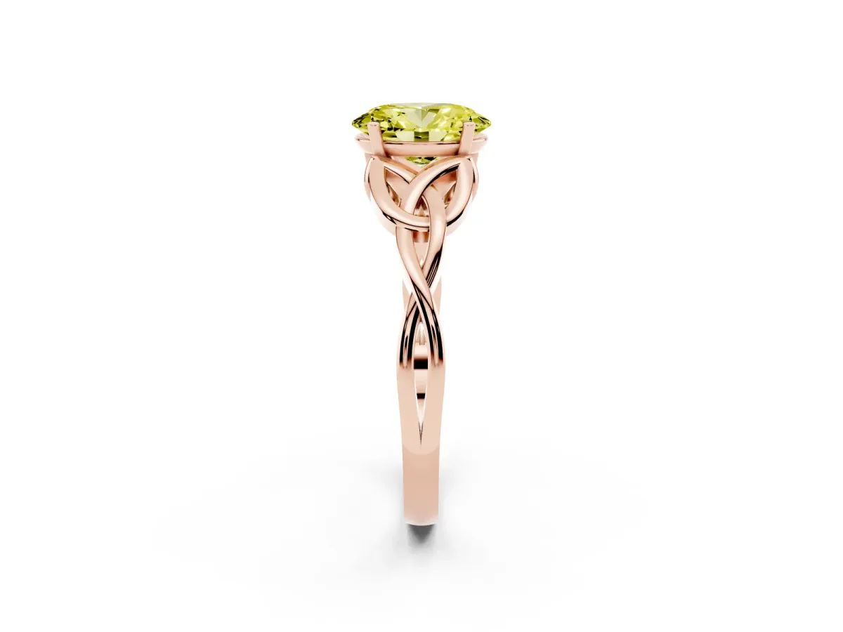 Fancy Yellow Oval Cut Diamond Solitaire Engagement Ring with Celtic Knot Band and Four-Prong Setting Rose gold